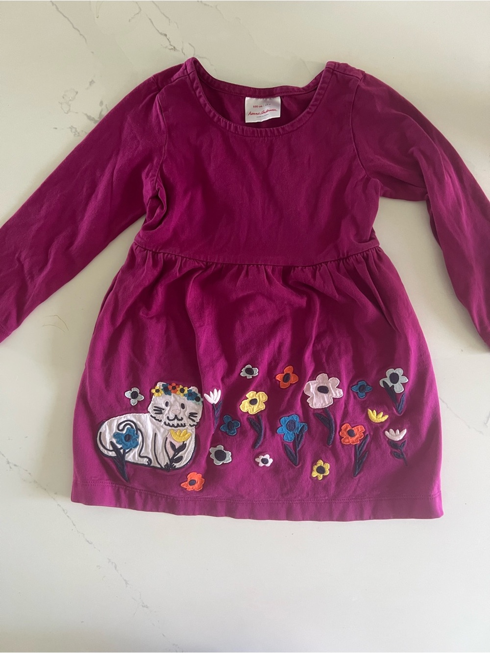Hanna Andersson Girls Cat & Flowers Appliqué Dress Size 4 100cm